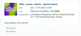 2 tickets Sion sous les étoiles - vendredi 17.07.2026