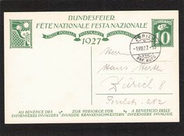 FDC Bundesfeierkarte 1927 , Nr. 45 , gel. 1.Vlll.1927