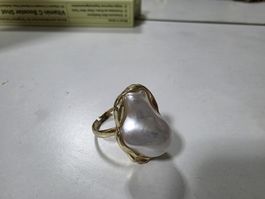 Gold Tone Ring with Large Pearl Adjustment Size