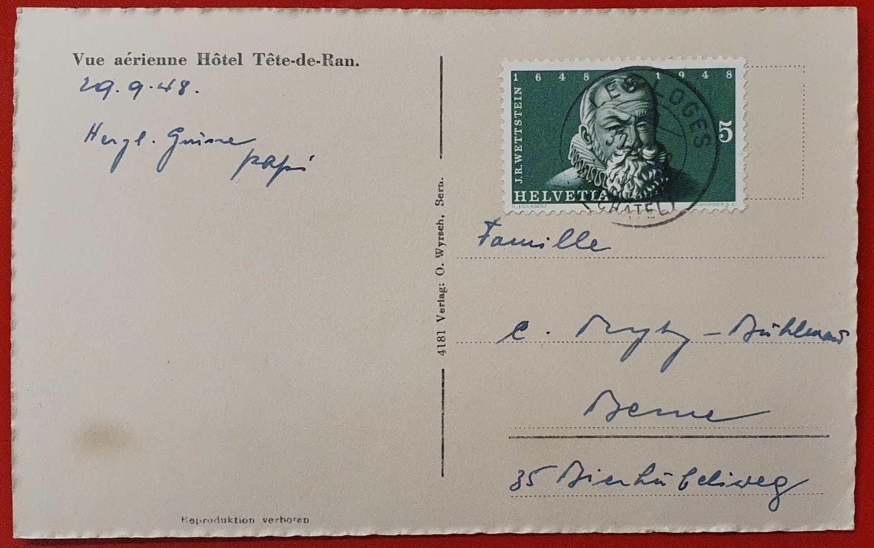 Cartoline postali: Hotel Tête de Ran 1948 - LES - LOGES – Usato da Kreuzlingen venduto da Rschweiz1 1