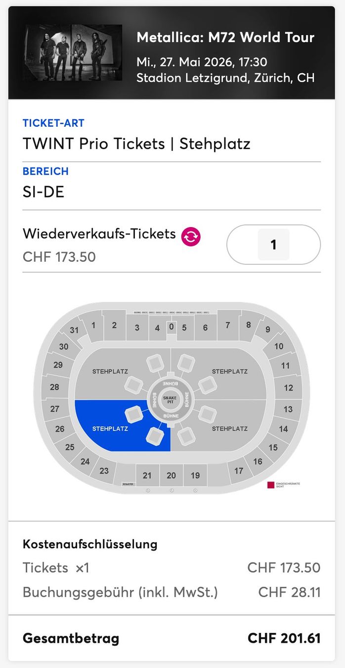 Biglietti: Metallica: M72 World Tour – Nuovo (secondo la descrizione) da Sion venduto da ChesLuc1920