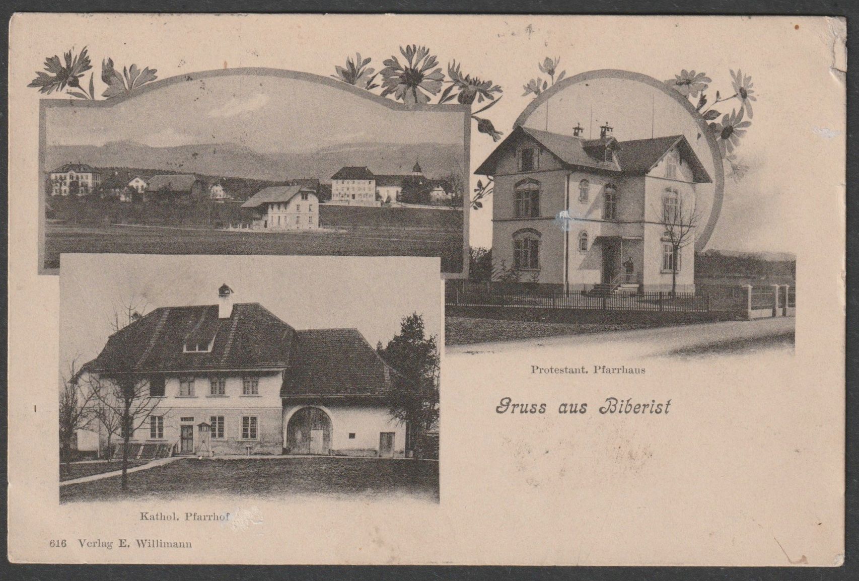 Cartoline postali: AK SO: 8.VII.07: BIBERIST, Panorama, Pfarrhäuser – Usato da Basel venduto da Colec