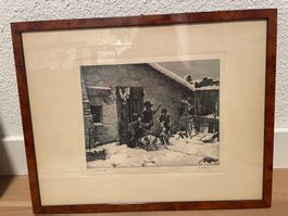 Vintage-Druck aus Italien mit Jagdsujet in Bruyereholzrahmen