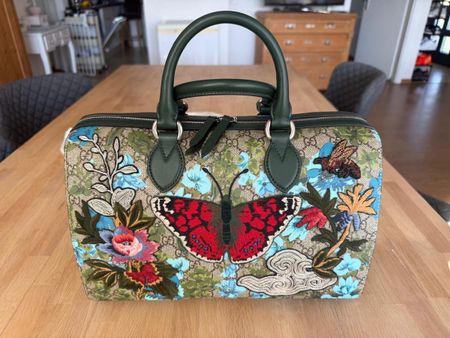 Gucci GG Supreme Bloom Butterfly  Embroidered Boston Bag