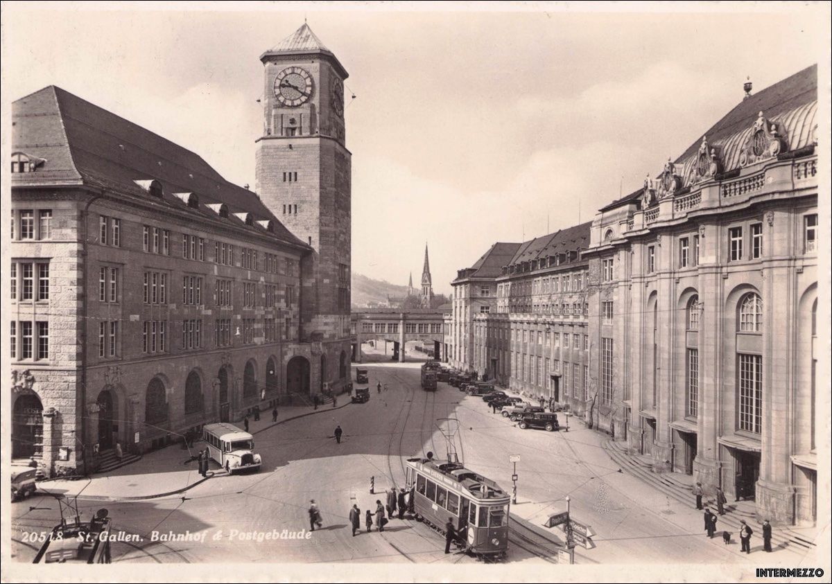 Cartoline postali: St. Gallen // Tram Nr. 1 Postauto Bahnhof // 1939 – Usato da Basel venduto da intermezzo12