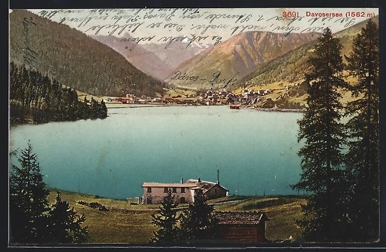 Cartoline postali: Davos, Davosersee mit Ortschaft und Berg – Usato da Berlin venduto da bartko-reher