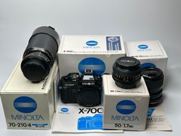 Filmgetestete neuwertige Minolta X-700 in OVP & 3 Top Linsen