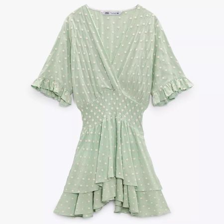 ZARA Pastel green and white polka dot dress with ruffles