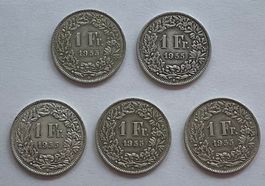 5 Schweizer Silber 1 Franken-Münzen alle mit Jahrgang 1955