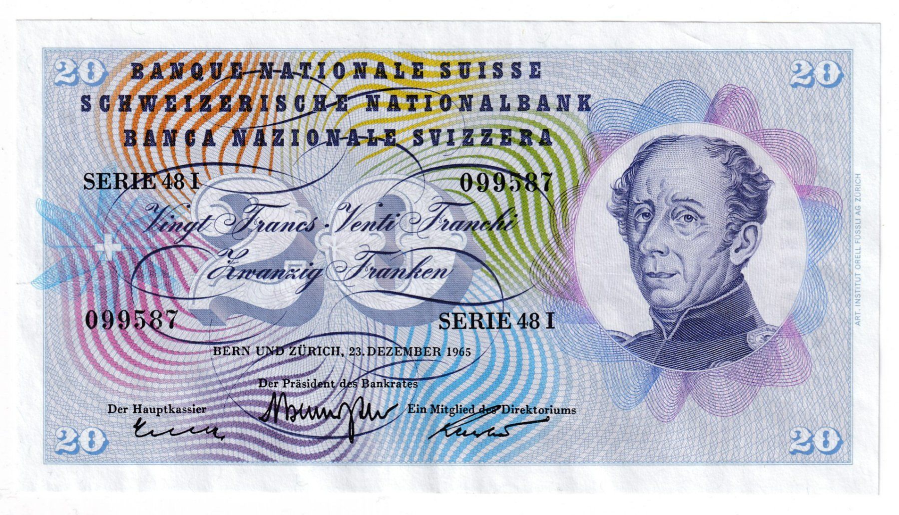 Banknoten: 20 Franken 1965 "Dufour" vorz – Gebraucht aus Neuchâtel von karlpierrino