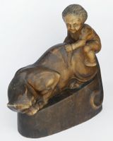 Antike und Grosse Holzskulptur "Putto auf Löwe"