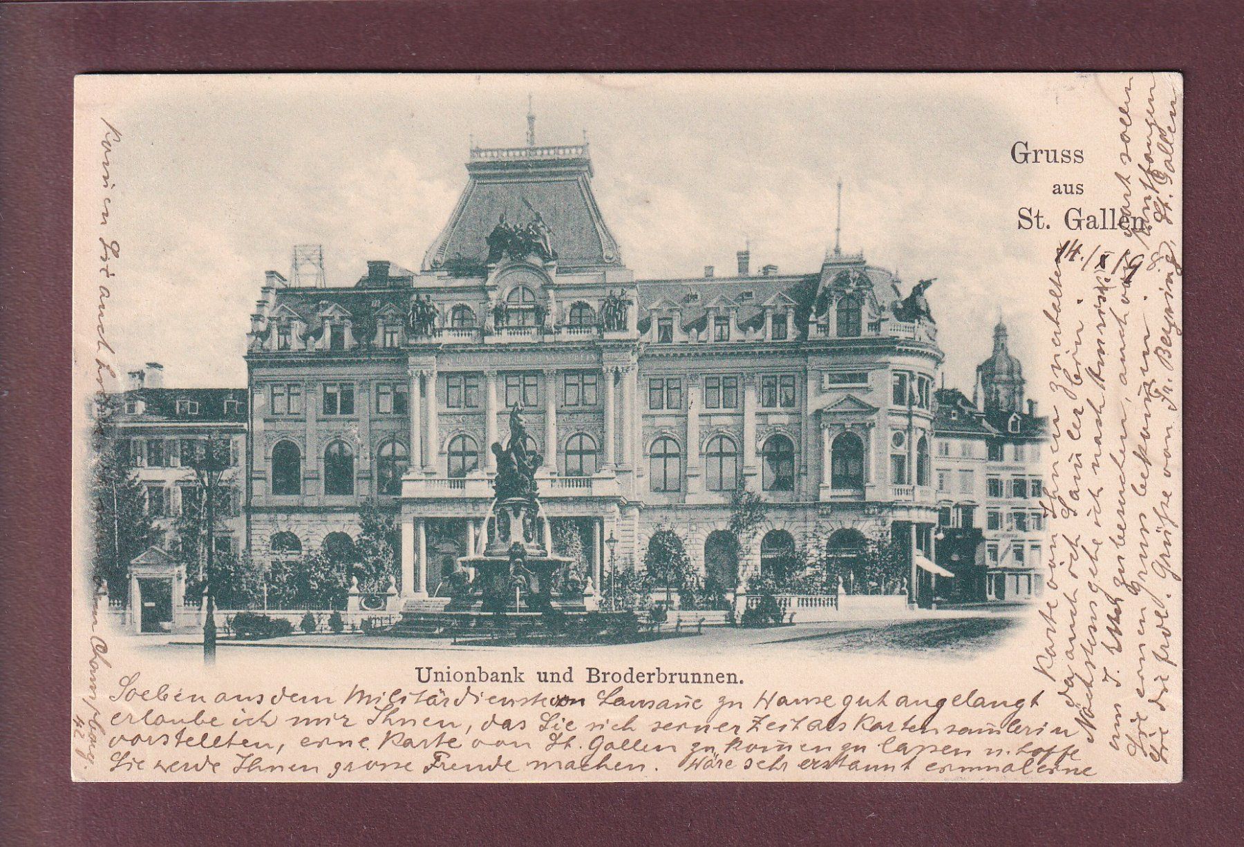 Cartoline postali: ST. GALLEN - Unionbank - 1898 – Usato da Pully venduto da nicecards