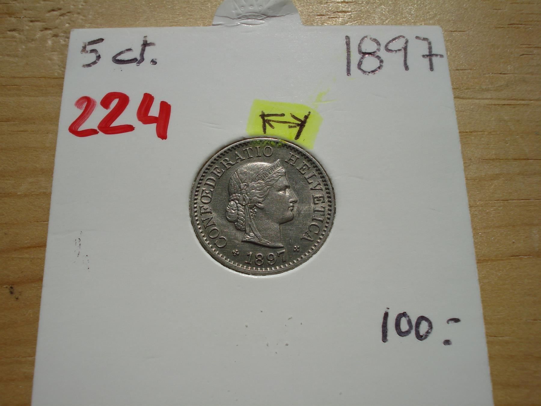 Alle Münzen: (224)  5 Rappen 1897 VAR – Gebraucht aus Erlach von Net-Coins
