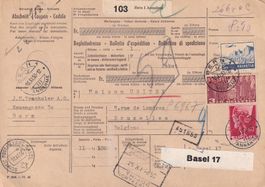 Paket Begleitkarte v. Bern n. Bruxelles 1950 Kat.Fr.300.--++