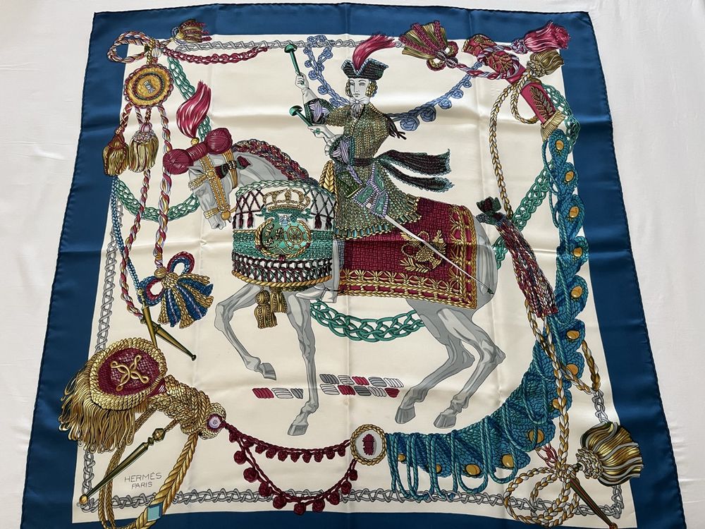 Foulard Carré Vintage Hermine En Soie 100% - Motif Géométrique Multicolore - Très Bon état