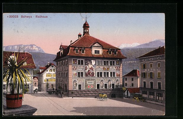 Cartoline postali: AK Schwyz, Partie am Rathaus, 1918 – Usato da Berlin venduto da bartko-reher