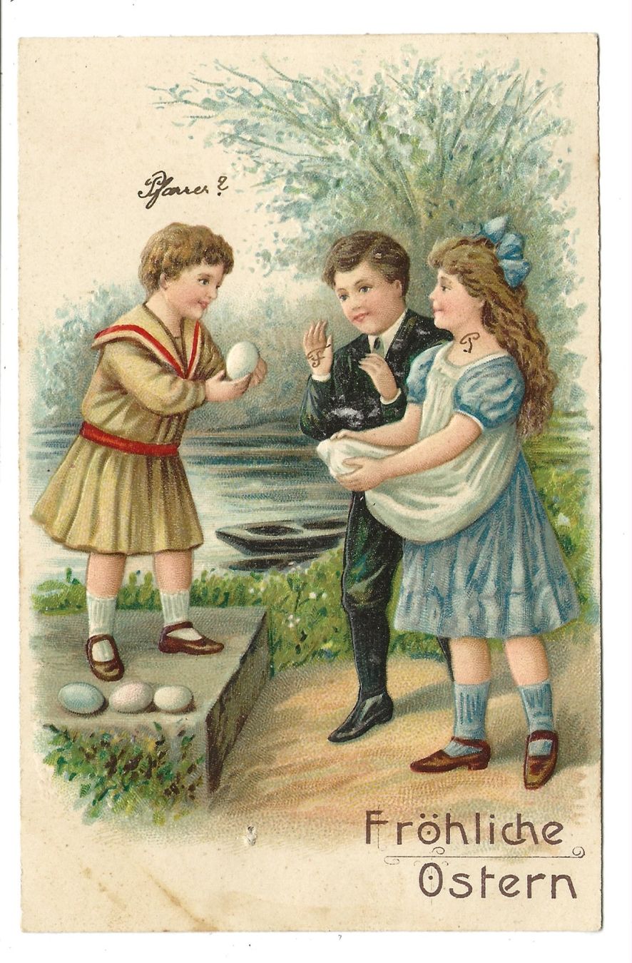 Cartoline postali: Fröhliche Ostern - Kinder - Eier-Tausch - Präge-Litho - 1908 – Usato da Engelburg venduto da Cartophil