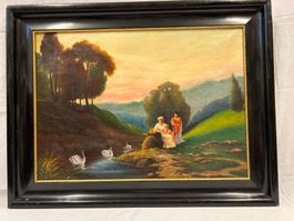 Beeindruckendes Ölbild von A. Senn Flussufer m. Schwäne 1900