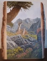 Gämse auf Holzbrett, handgemalt, Bergmotiv, Wanddekoration.