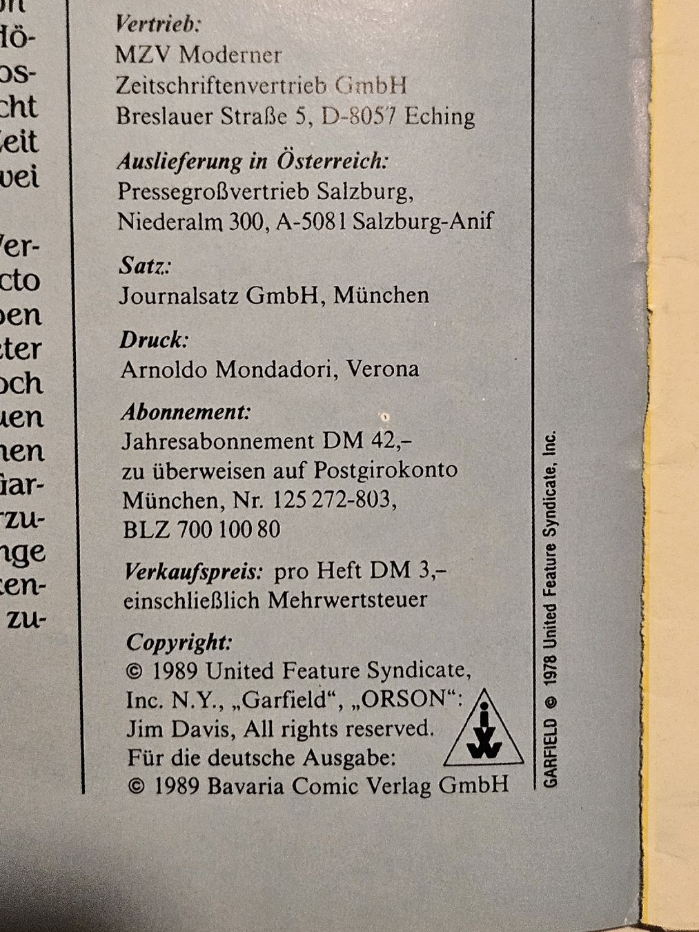 Fumetti: Garfield Comic Nr. 8 / 1989 / #WT18 – Usato da Oberdorf BL venduto da BaldenEagle 1