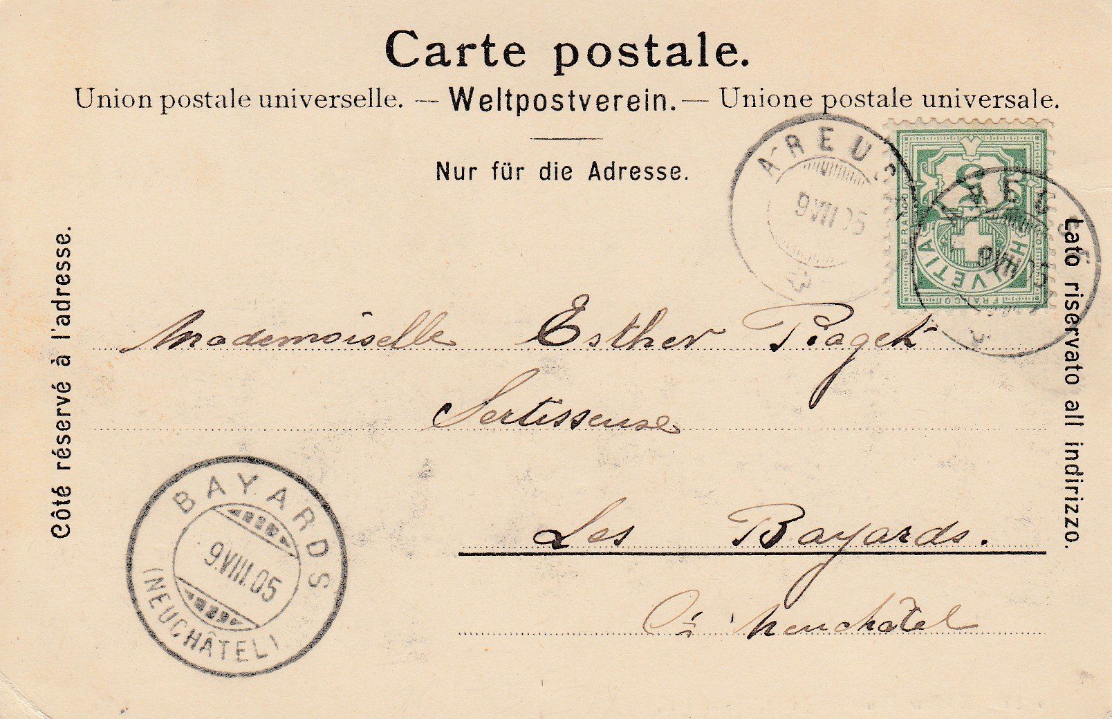 Cartoline postali: Areuse  NE           en 1905 – Usato da Brig venduto da Valcards54 1