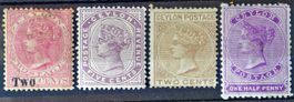 CEYLON 1864–1888: 4 Unused Stamps, no Gum (*)