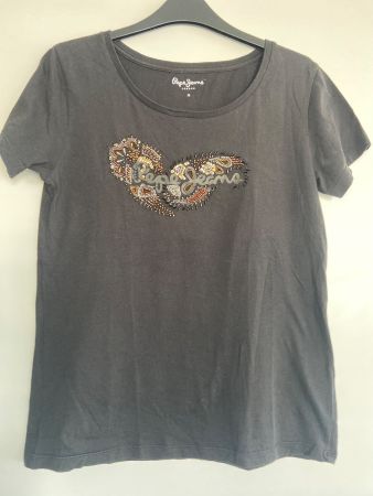 T-shirt braun Pepe Jeans Gr. XS feine BW mit Perlen Appliqué