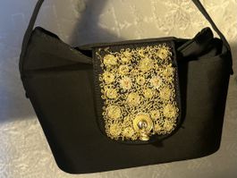 Petit sac main noir soirée vintage avec broderie dorée