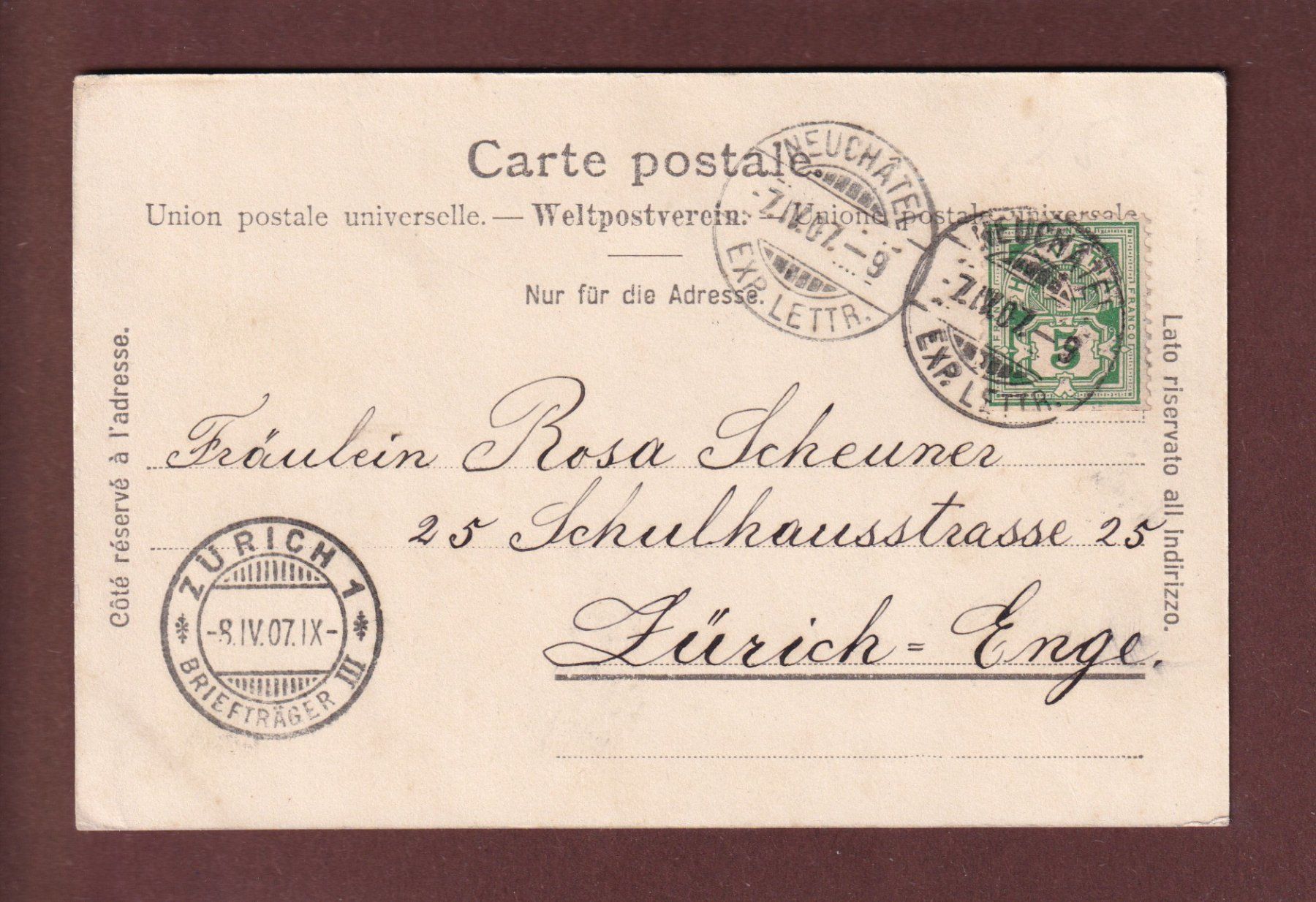 Cartoline postali: NEUCHÂTEL - Place Pury - Tram - 1907 – Usato da Pully venduto da nicecards 1