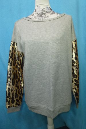 HUGO BOSS SWEATSHIRT MIT PAILETTENÄRMEL GR L GRAU LEO ÄRMEL