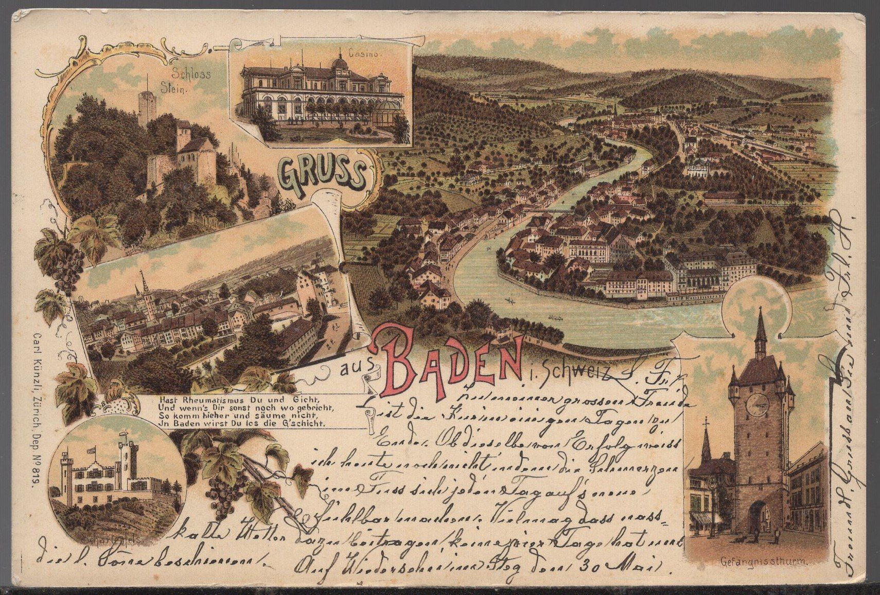 Cartoline postali: Baden  1900  Litho – Usato da Aarau venduto da kufi44