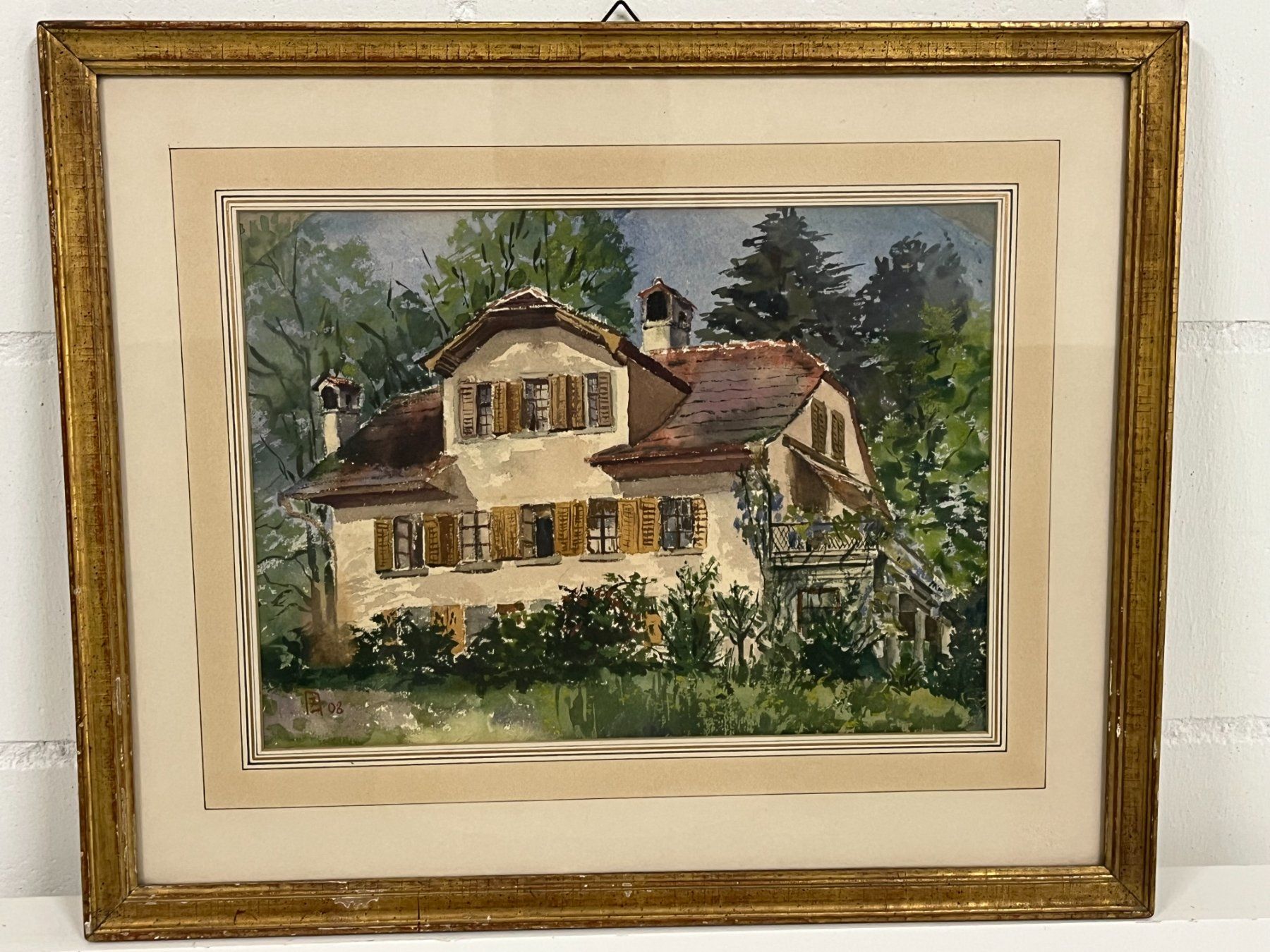 Gemälde: Schweizer Haus, wunderschönes Aquarell im Wald, monogrammier – Gebraucht aus Basel von Kaffee_und_Kunst