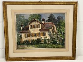 Schweizer Haus, wunderschönes Aquarell im Wald, monogrammier