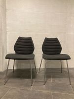 4 x Design Stühle Stoff dunkelgrau, Chrombeine
