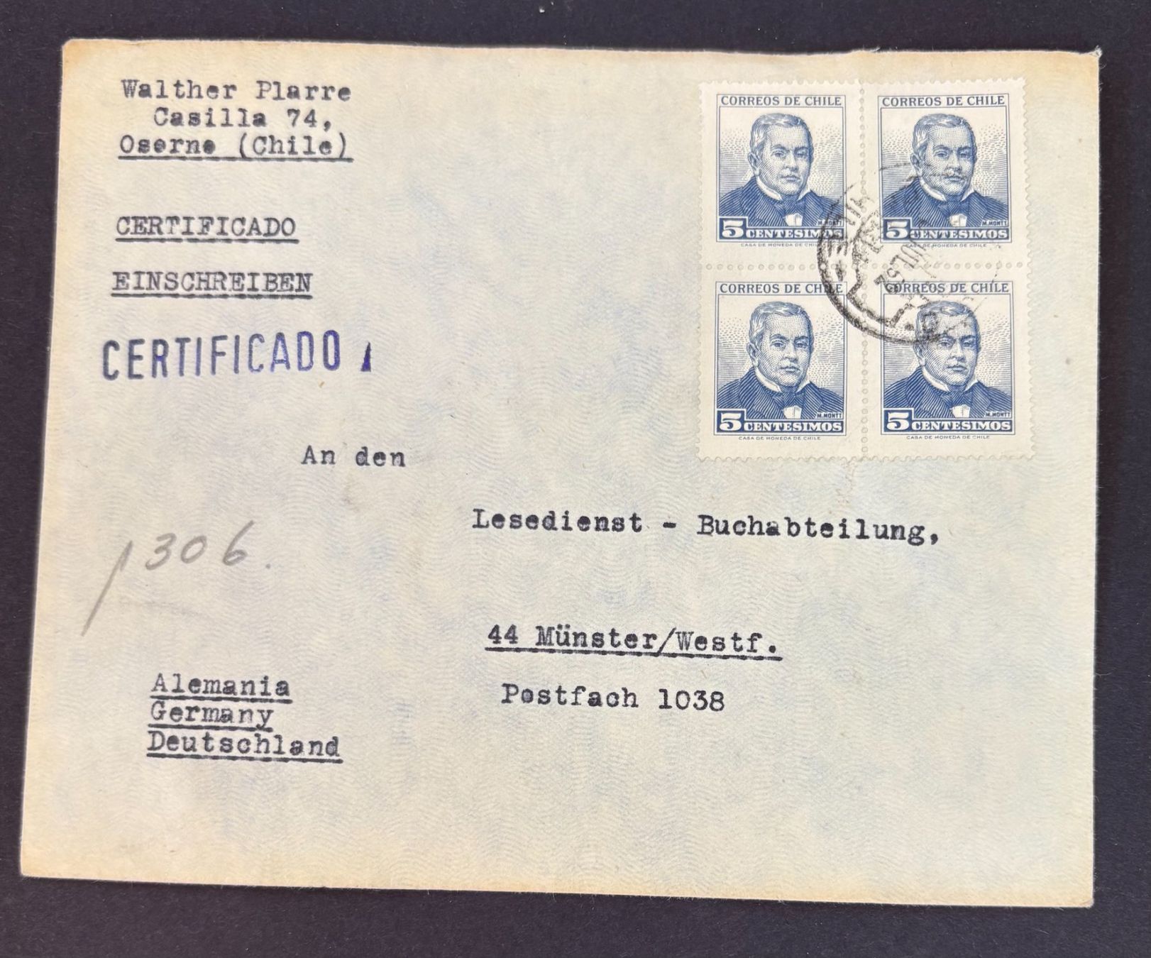 Tutti i francobolli: BRIEFUMSCHLAG CHILE CERTIFICADO – Usato da Ostermundigen venduto da wini63
