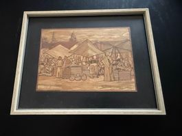 Marktszene Holzschnitt--Optik, gerahmt, vintage