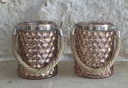 2 Windlichter Glas kupferfarben mit Seilhenkel