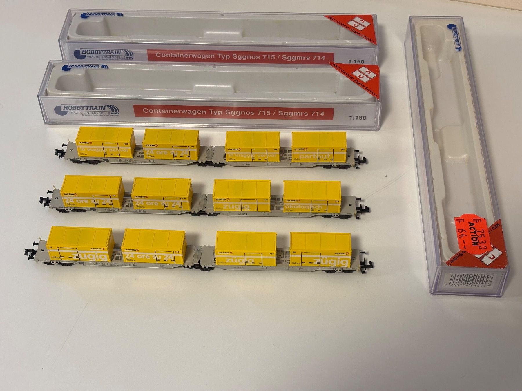 Hobbytrain Modellini di ferrovie: 3x Hobbytrain Containertragwagen 1/160 mit Post Container – Usato da Lengnau AG venduto da Chefe43 1
