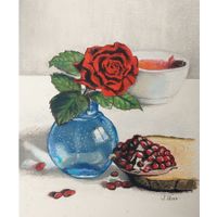 Neu!Pastell Zeichnung Stillleben Rose und Granatapfel,Unikat