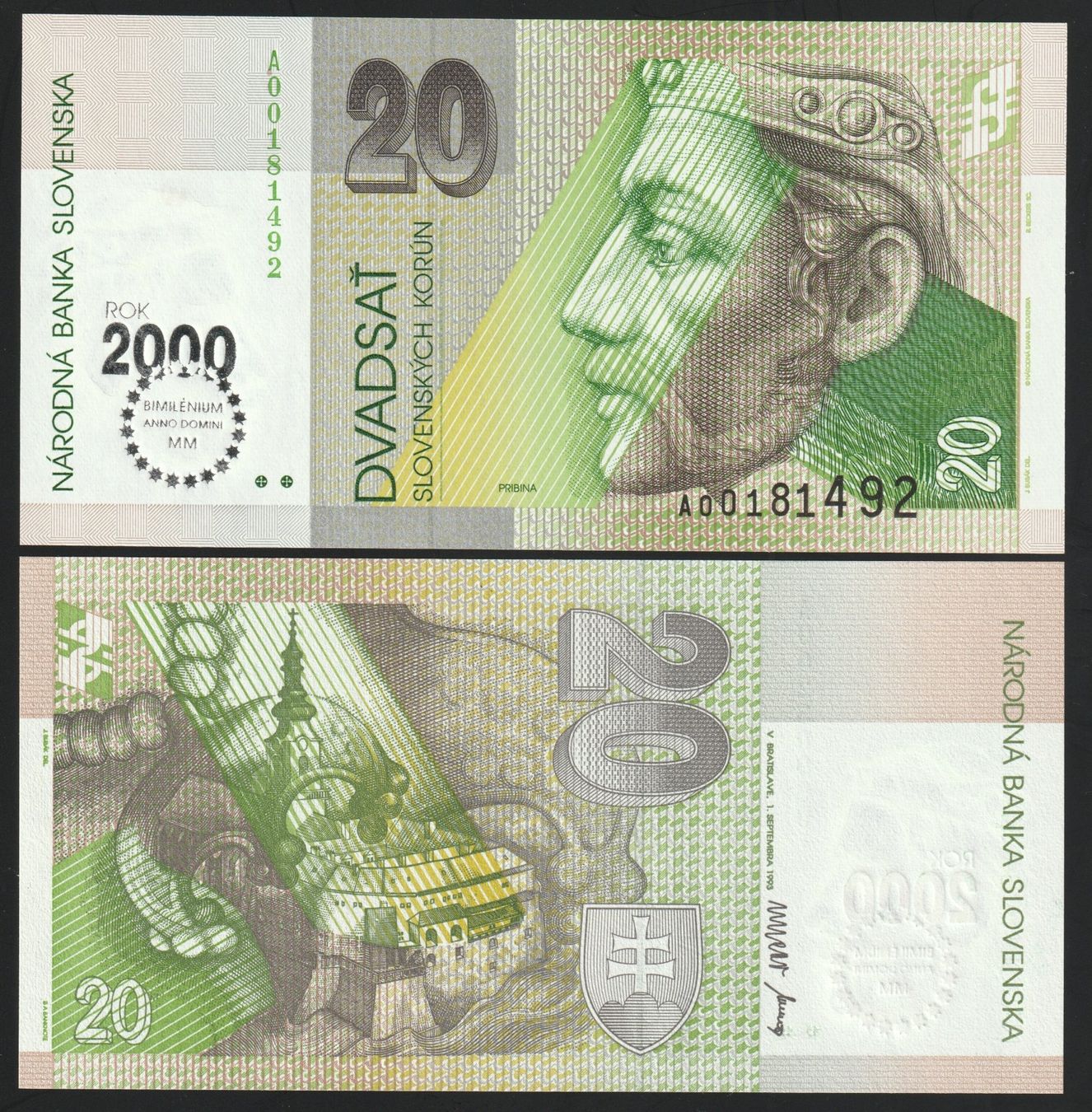 Billets de banque: Slowakei 20 Korun UNC 2000 Commemorative Bimillenium – Neuf (Voir description) à Naters par Radman