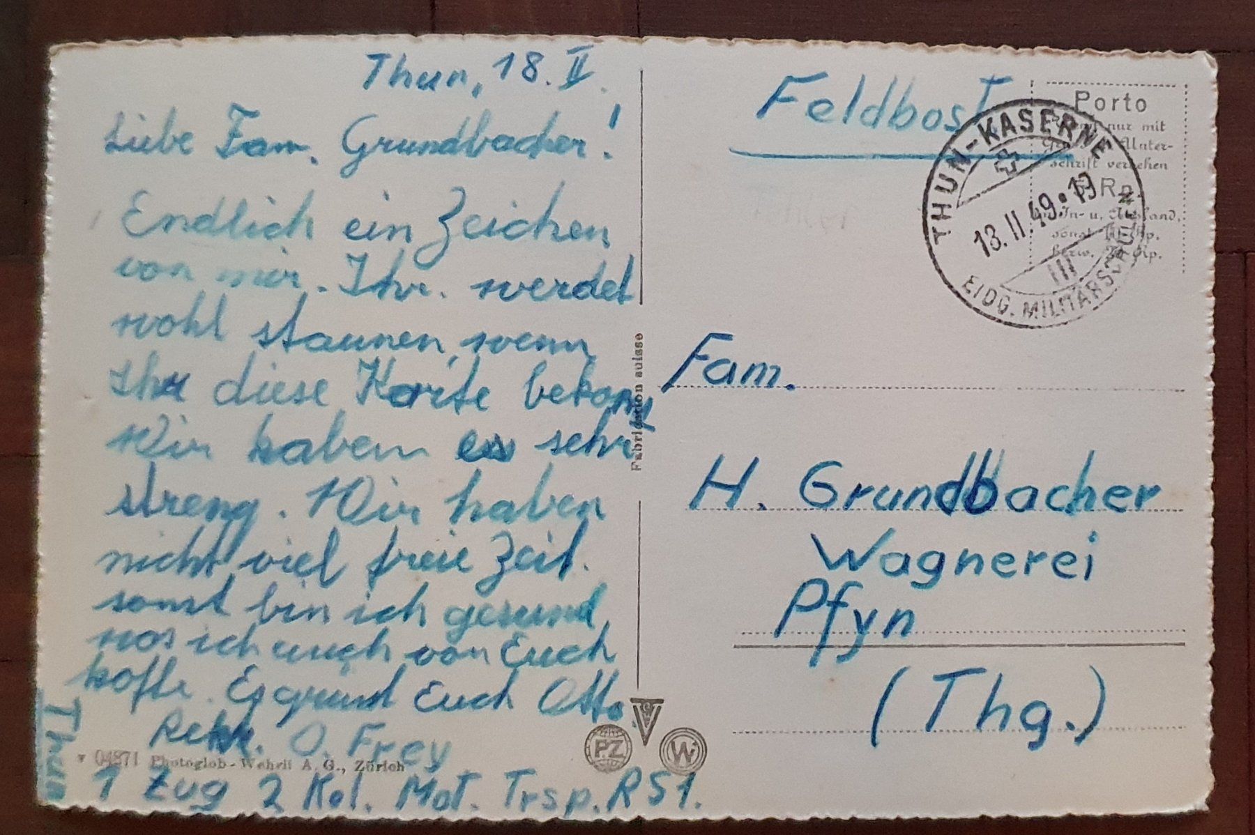 Cartoline postali: Thun 1949 - Kaserne – Usato da Kreuzlingen venduto da Rschweiz1 1