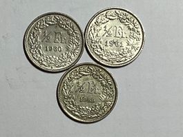 3x 1/2 Franken Münzen 1959, 1960, 1961 Helvetia..Silber