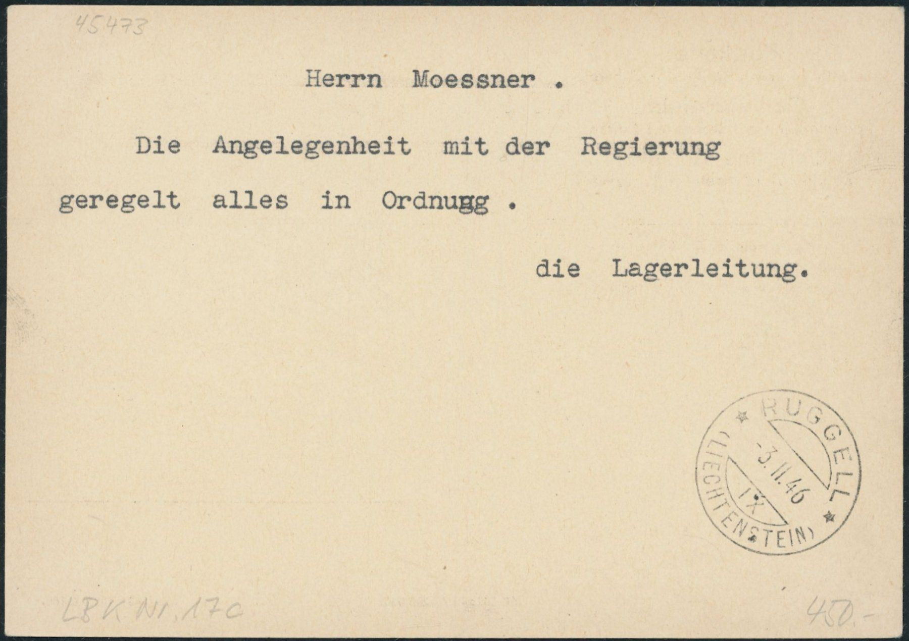 Tutti i francobolli: FL - 1946 - Schaan · Internierten - Postkarte – Usato da Schindellegi venduto da leecollect 1