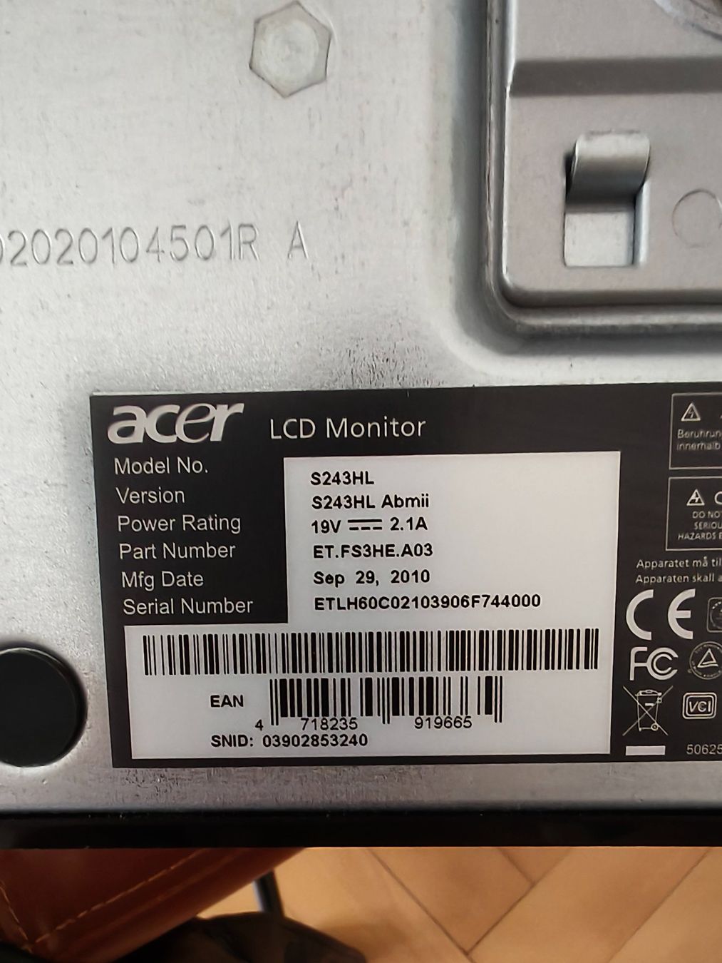 Acer Monitor: Monitor LED Acer S243HL – Usato da Zürich venduto da sar_pv7b 2