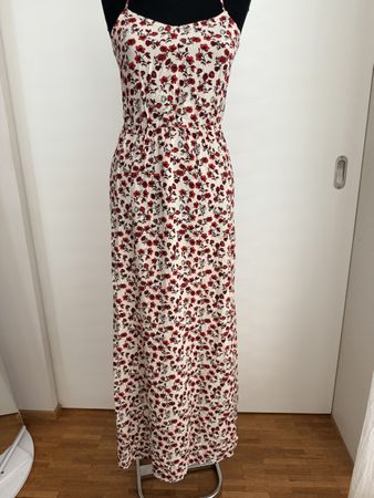 H&M Divided Maxikleid – rot-weiss Blumenprint, Seitenschlitz