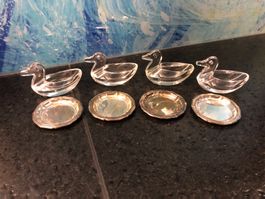 4 Canard Ente Likör Bleikristall Kristallglas Silber Teller