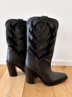 Black Leather Cowboy Boots with Flame Detail