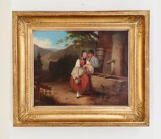 A0ntikes Gemälde „Junges Paar am Dorfbrunnen“ 50x 40cm