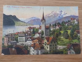PK Weggis mit Pilatus -  gelaufen 1924 - Litho
