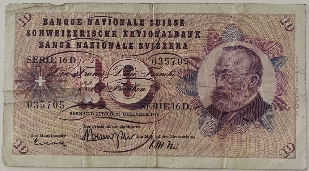 Schweizer Banknote 10 frank aus 1959 (Gebraucht) in Root für CHF 5 ...